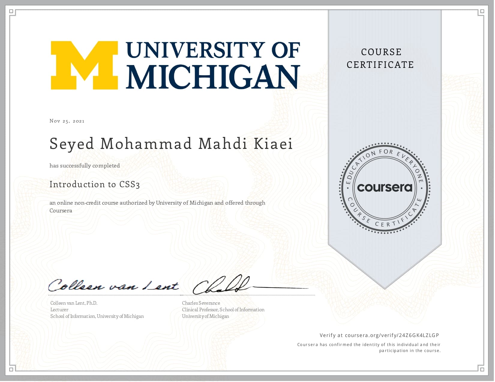 Introduction to CSS3 certificate